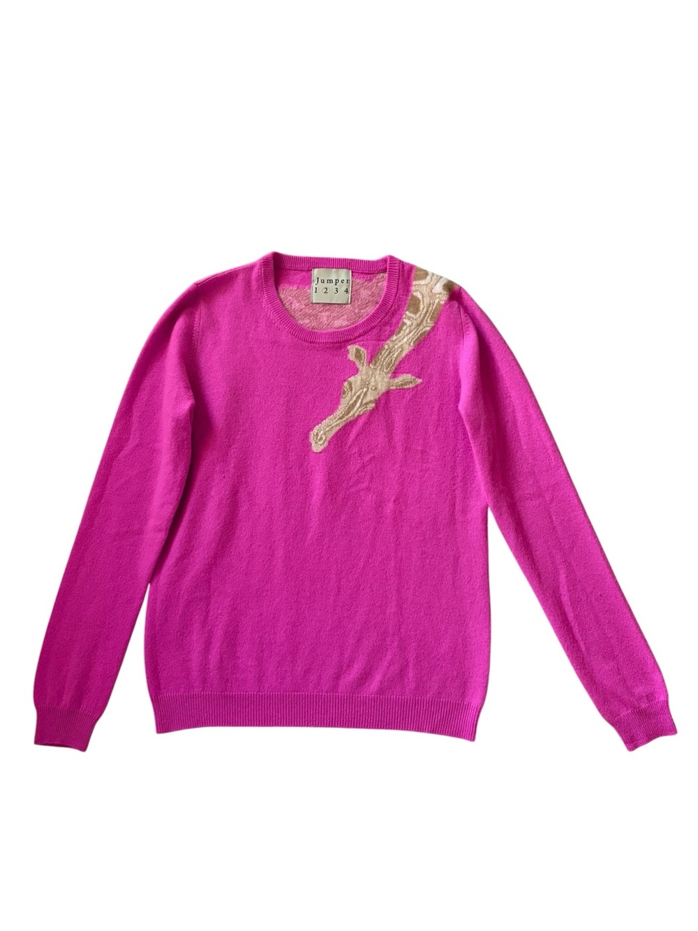 RARE Jumper 1234 100% Cashmere Giraffe Intarsia Crewneck Sweater Size 2 Hot Pink